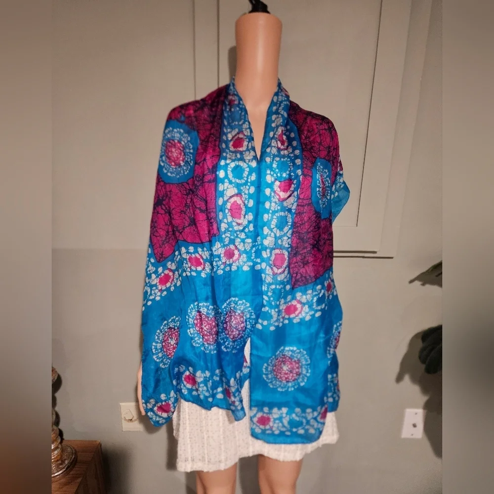 100% Pure Silk Batik Scarf Wrap – Made in India Blue Pink Boho